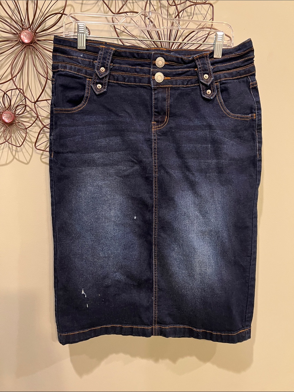 Dark Indigo Denim Distressed Pencil Skirt - Womens Classic Fit